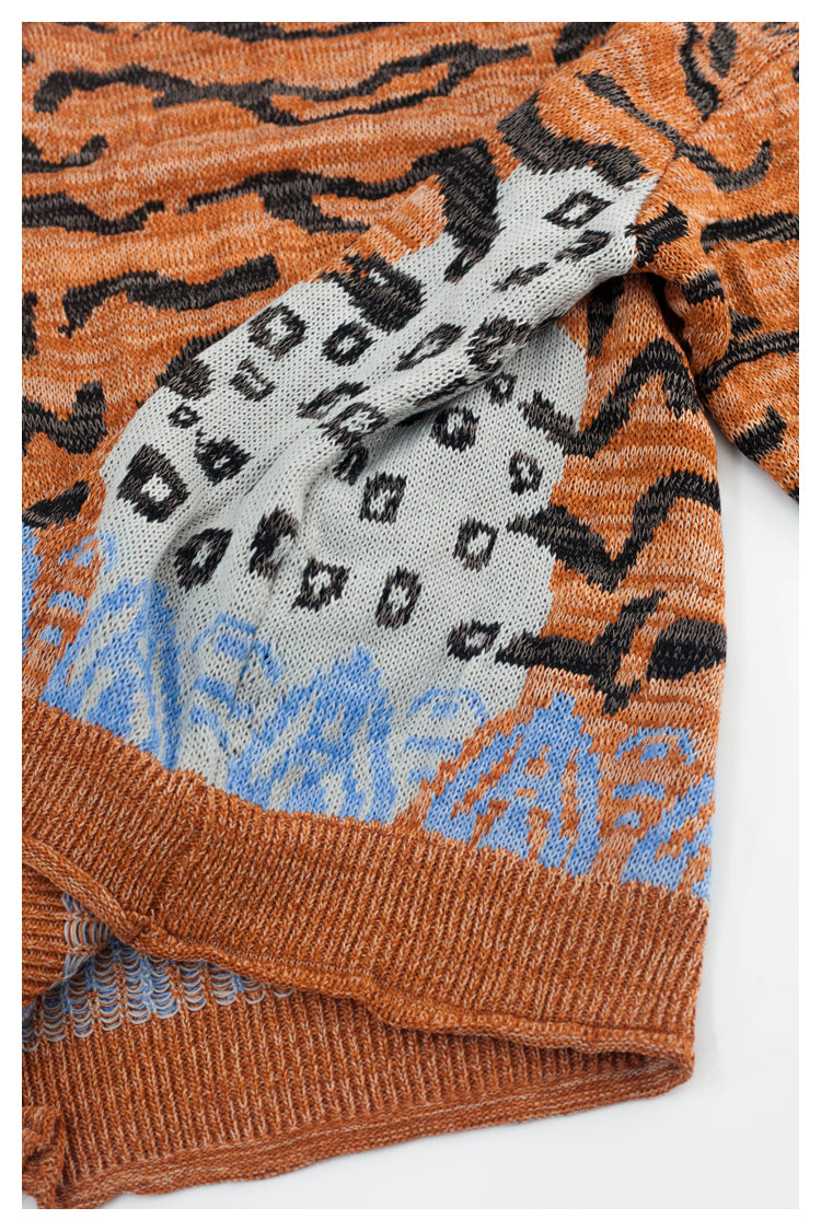 Japanese retro tiger pattern round neck long sleeve knitted sweater pullover