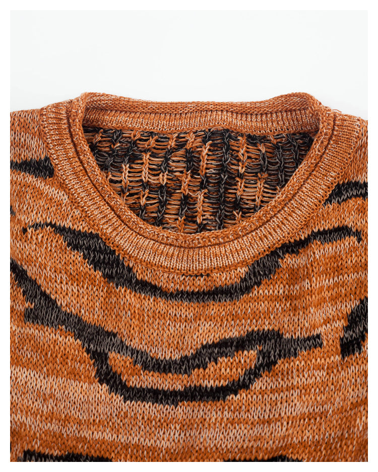 Japanese retro tiger pattern round neck long sleeve knitted sweater pullover