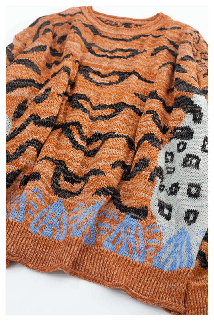Japanese retro tiger pattern round neck long sleeve knitted sweater pullover