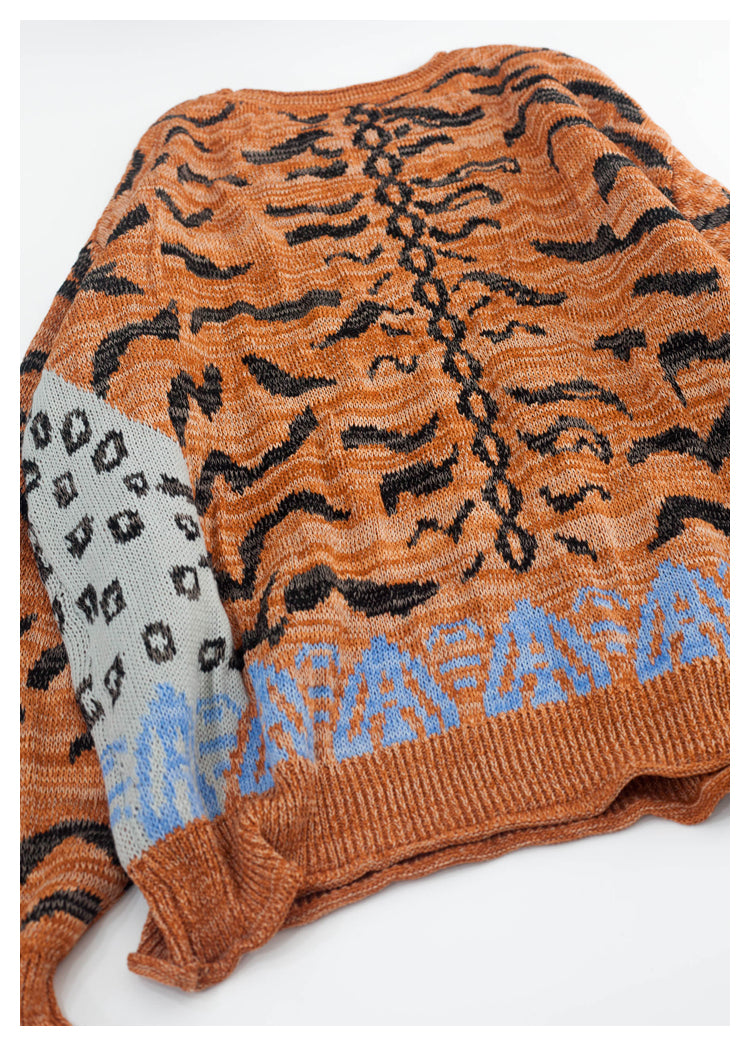 Japanese retro tiger pattern round neck long sleeve knitted sweater pullover