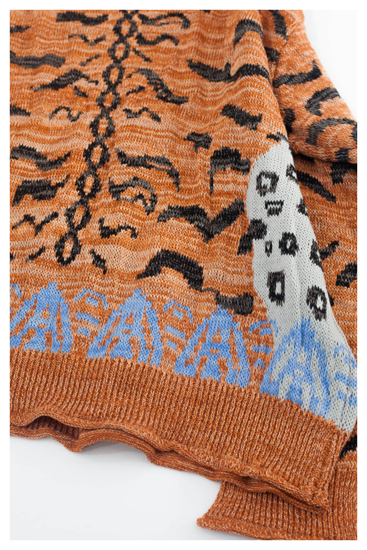 Japanese retro tiger pattern round neck long sleeve knitted sweater pullover