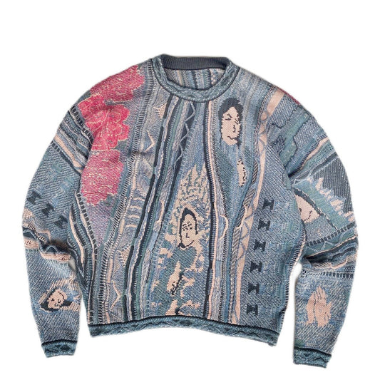 KA03 Spot small crowd Japanese retro rose portrait pullover sweater blue