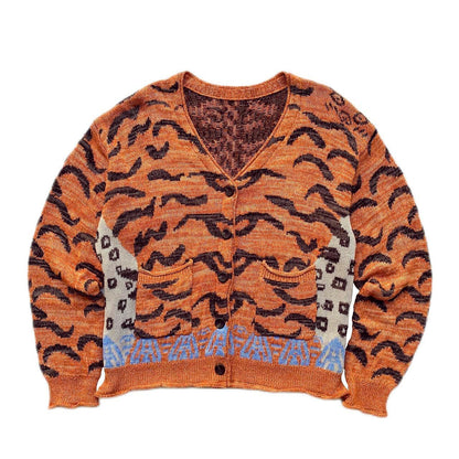 Japanese style niche tiger pattern retro knitted sweater cardigan jacket