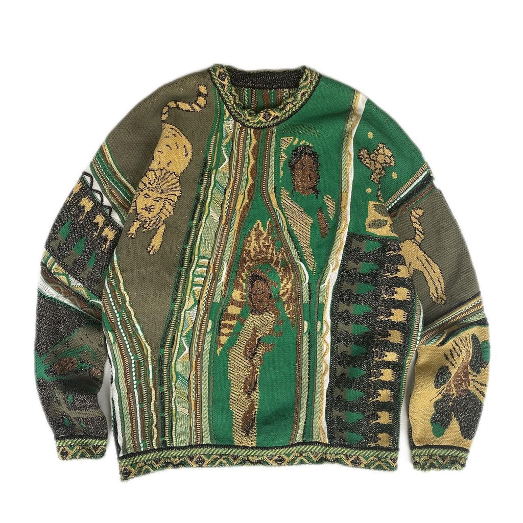 Kapital Vintage Green Lion Knit Sweater – Japanese Retro Crew Neck Pullover for Fall & Winter