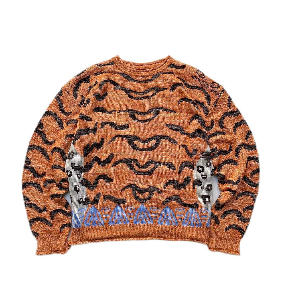 Japanese retro tiger pattern round neck long sleeve knitted sweater pullover