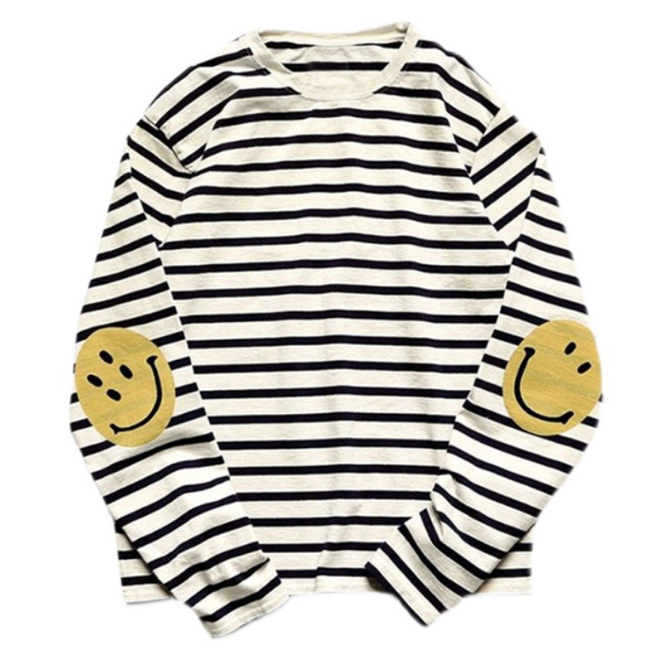 Japanese style smiley face striped pure cotton long-sleeved round neck T-shirt