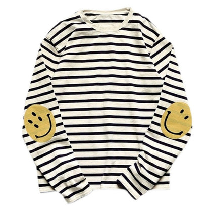 Spot small crowd Japanese retro   Smiley face stripe cotton T-shirt long sleeve round neck