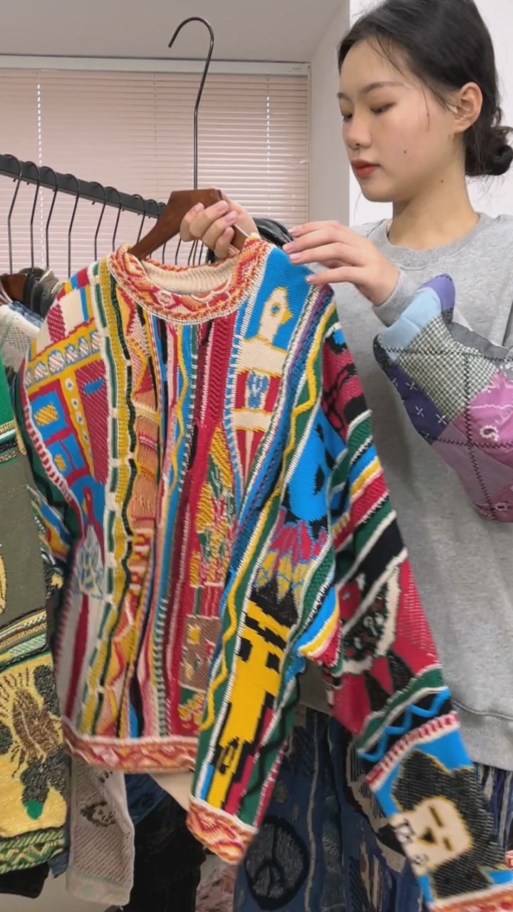 Japanese niche retro portrait pattern pullover red Crew Neck pullover sweater s